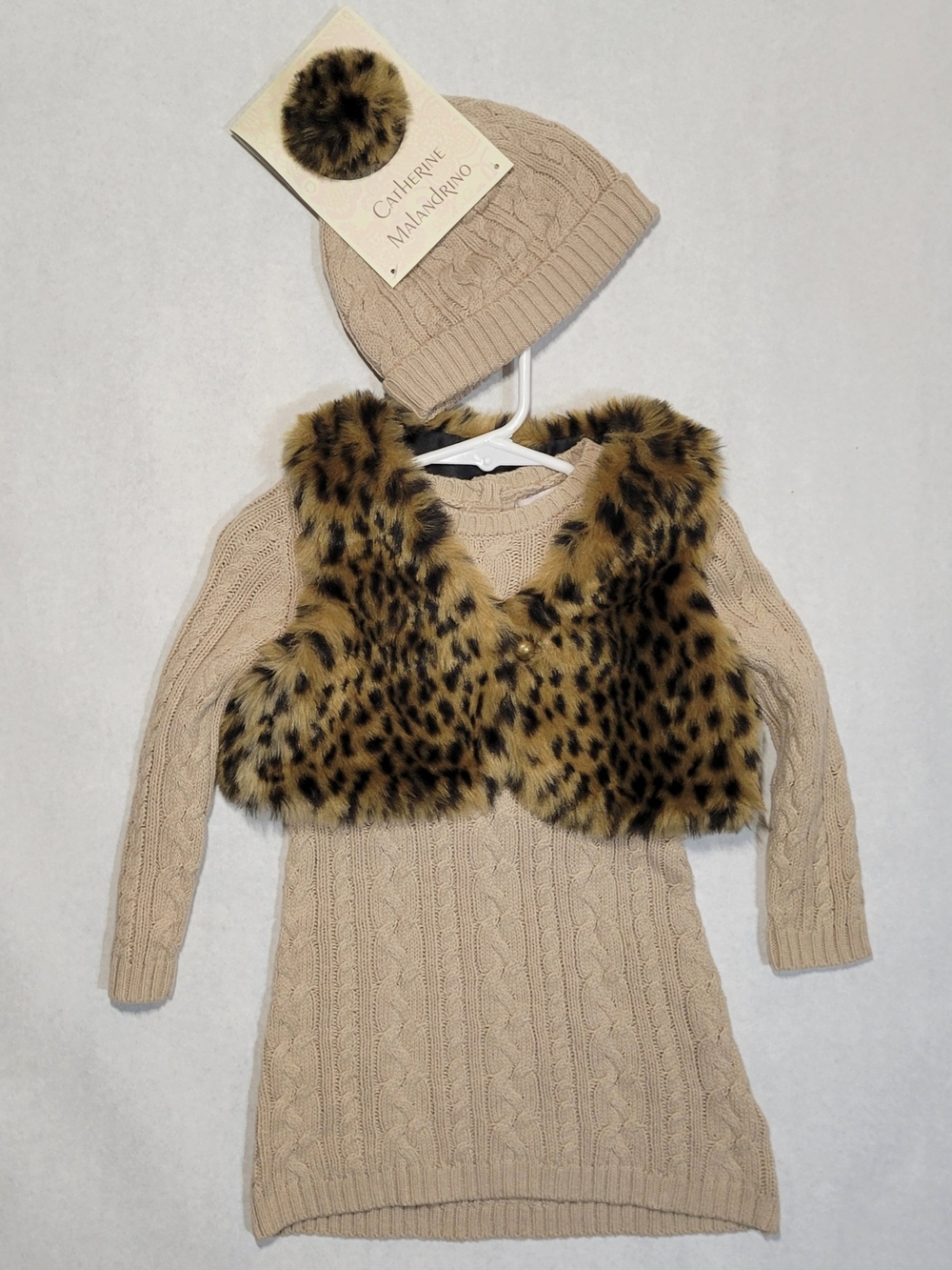 Catherine Malandrino Beige Cable Knit Dress with Faux Leopard Fur Vest & Hat